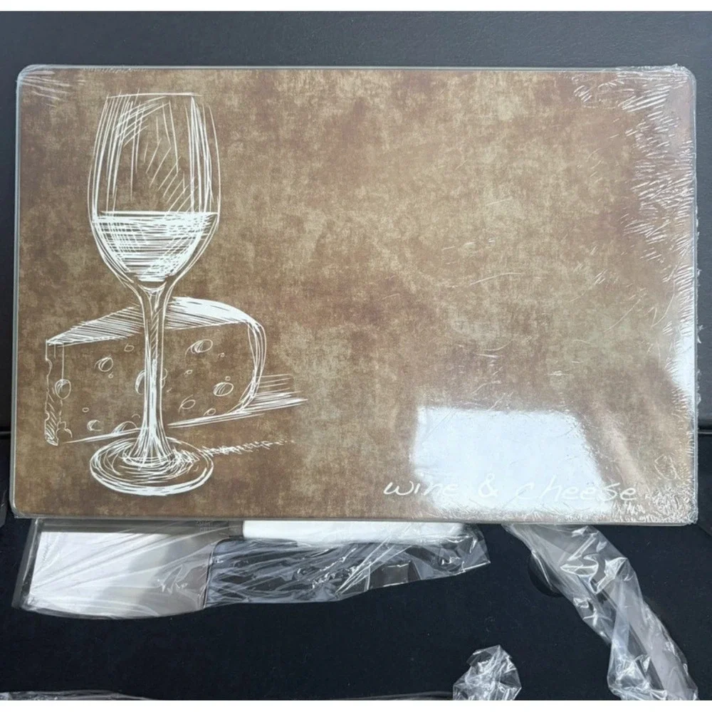 Wine & Cheese Serving Set Glass Cutting Board Knives Tools Gift Set New